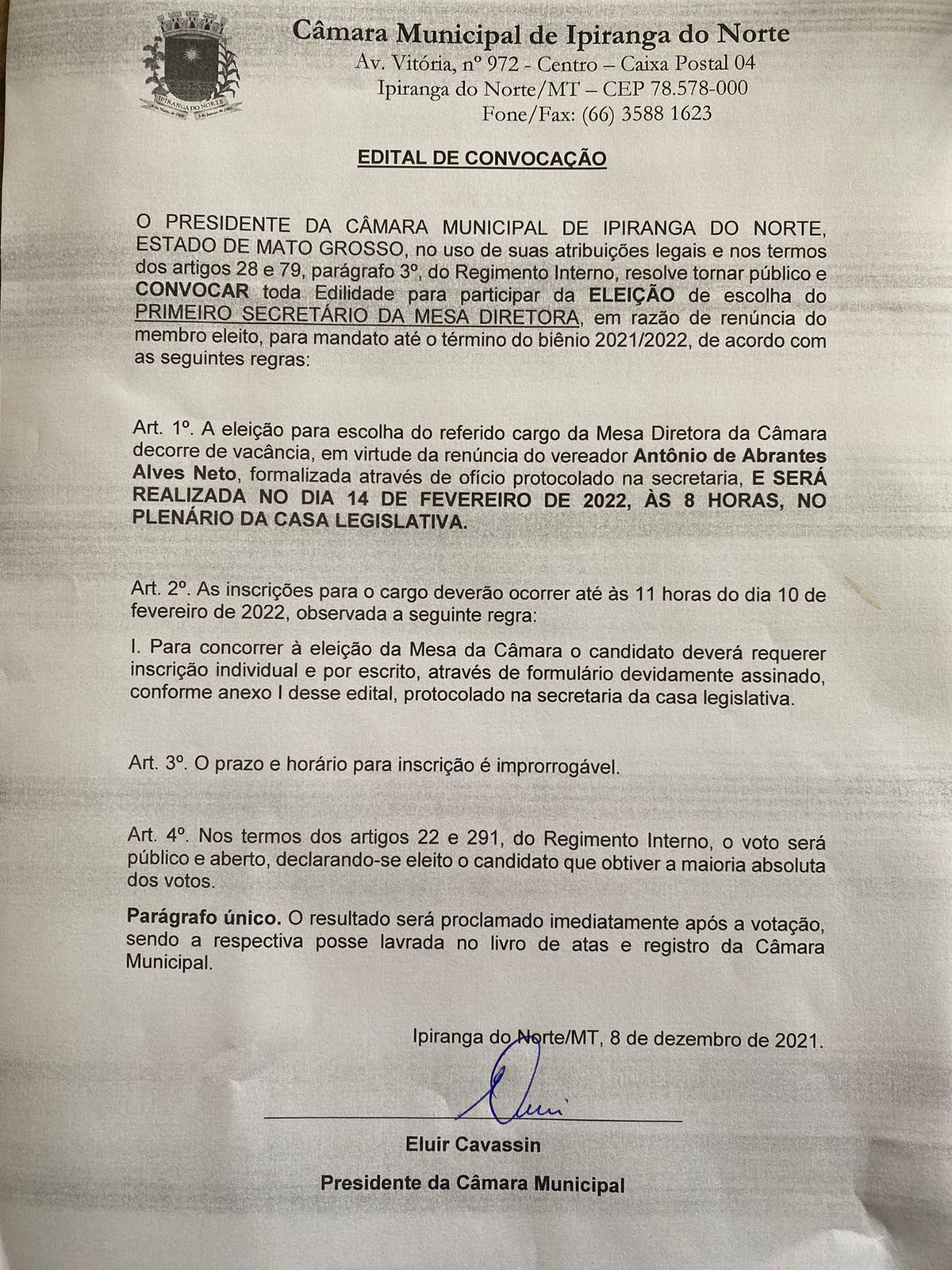 EDITAL DE CONVOCAÇÃO - A CÂMARA CONVIDA A TODOS PARA ELEIÇÃO DE ESCOLHA DO 1º SECRETÁRIO DA MESA DIRETORA NO DIA 14 DE FEVEREIRO DE 2022