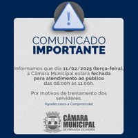 COMUNICADO - 11/02 (TERÇA-FEIRA), ATENDIMENTO AO PÚBLICO DAS 08:00H ÀS 11:00H